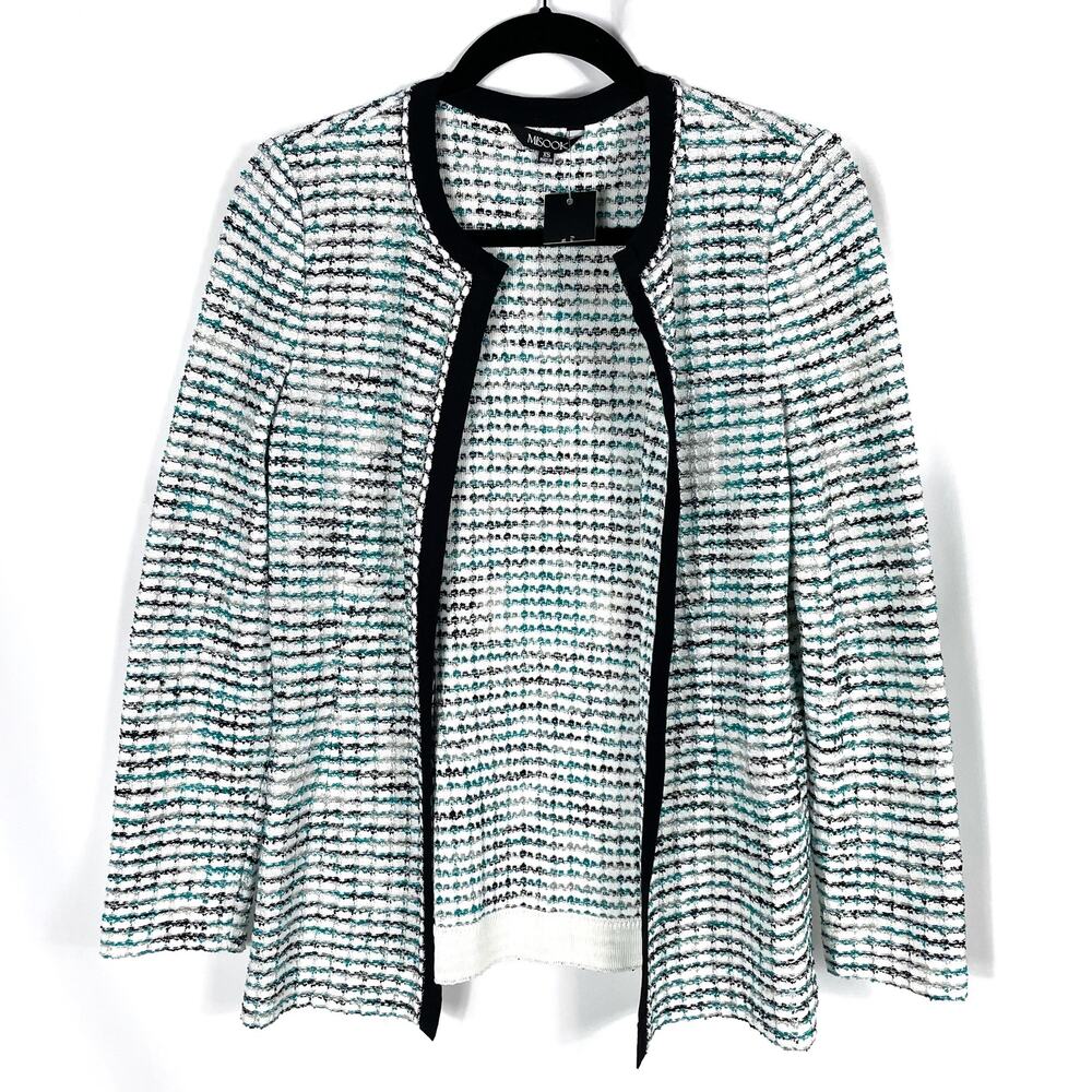 Misook Knit Jacket White Stripe Open Front Chain Trim Long Sleeve Sz XS
